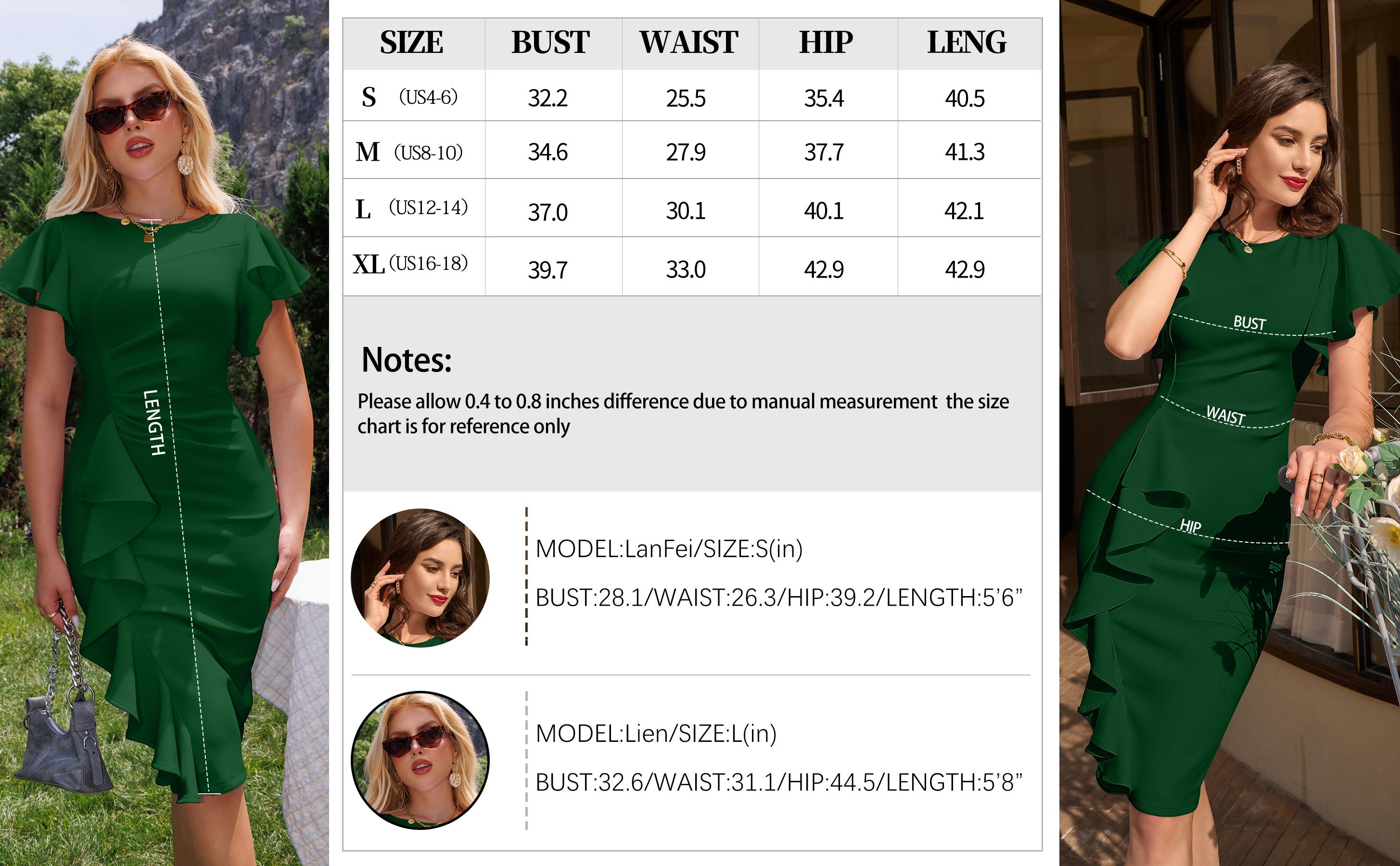 OYV Women's Vintage Elegant Church Ruffle Sleeve Ruched Bodycon Work Midi Pencil Dress