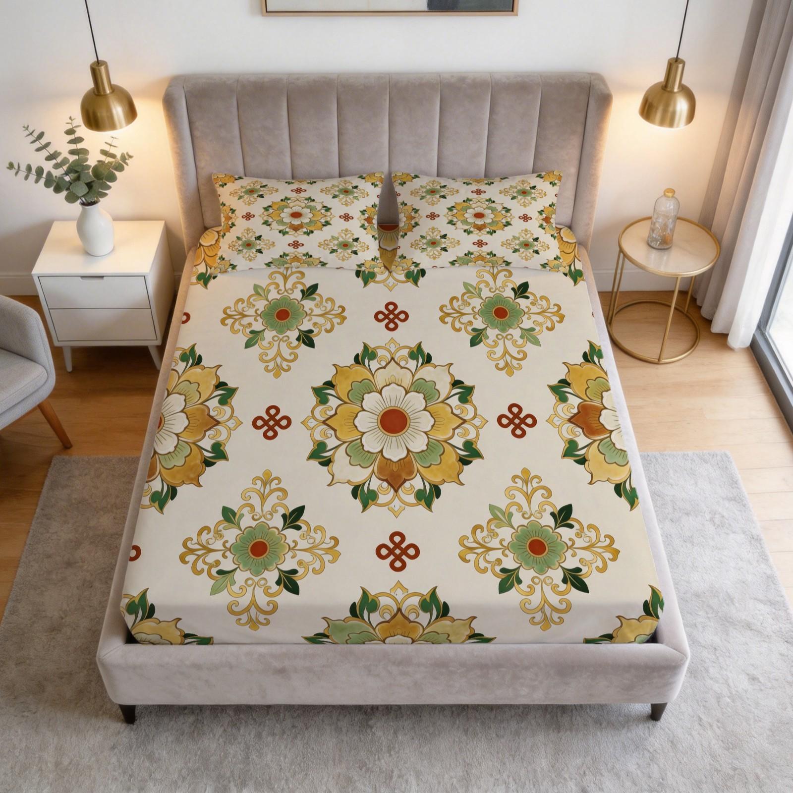 3 Piece Vintage Floral Mandala Fitted Sheet Set, HD Digital Printed Bed Sheet Set, Deep Pocket Soft Bedding Set (Pillowcases No Inserts) for Bedroom Decor