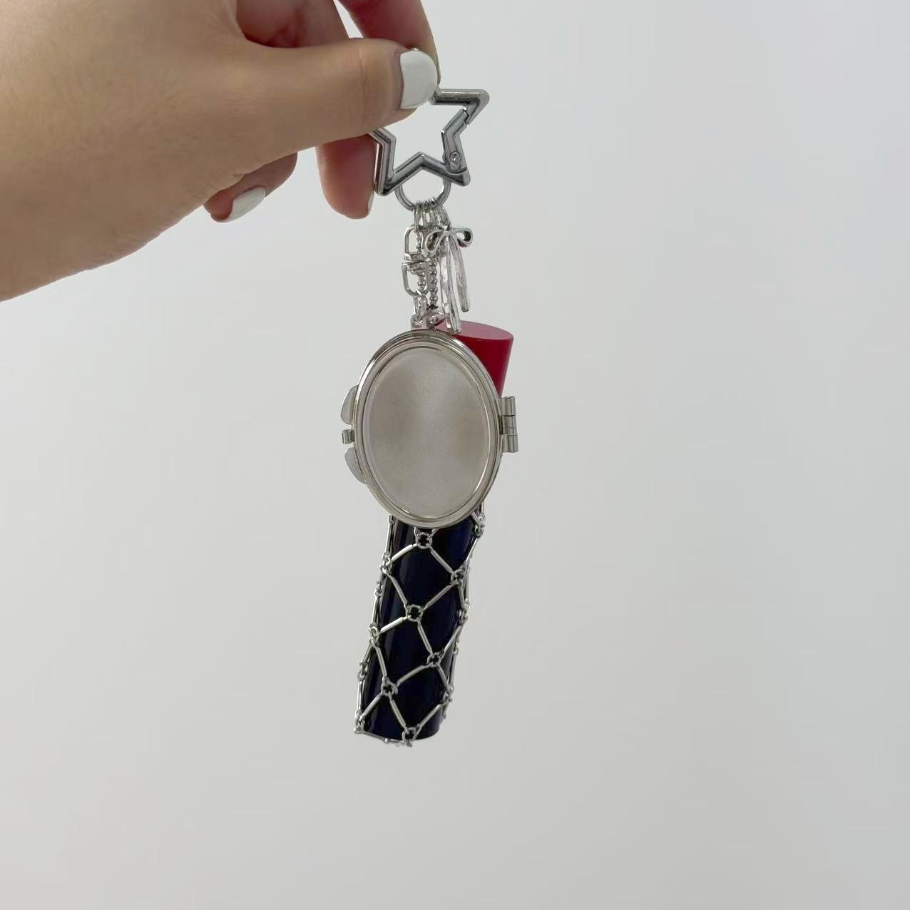 Ins style lady's fashion lipstick storage mirror case lipstick bag mesh bag keychain pendant