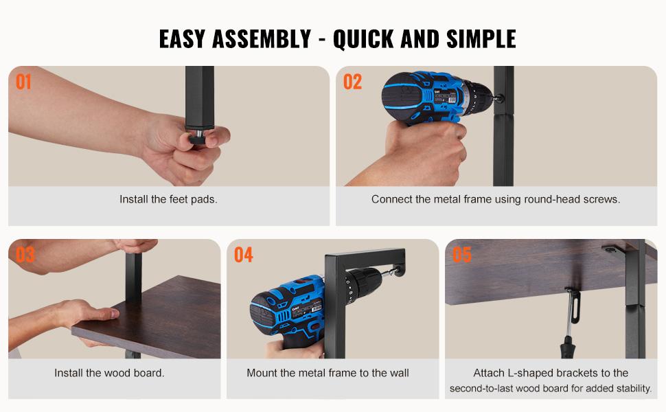 VEVOR Ladder Shelf, 5-Tier Bookshelf 15.6x11.8in, Open Wall-Mounted Ladder Shelf with Metal Frame, Storage Rack Sundries Holder for Kitchen Bedroom Bathroom Living Room, Black