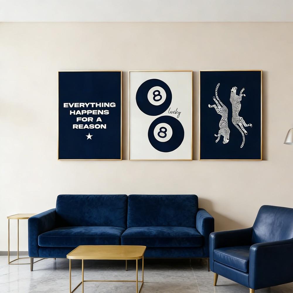 3-Piece Optional Wooden Frame Retro Navy Blue Leopard 8 Ball Animal Print Decor High Precision Color Micro-spray Moisture-proof Scratch-resistant Home Bar Living Room Decor