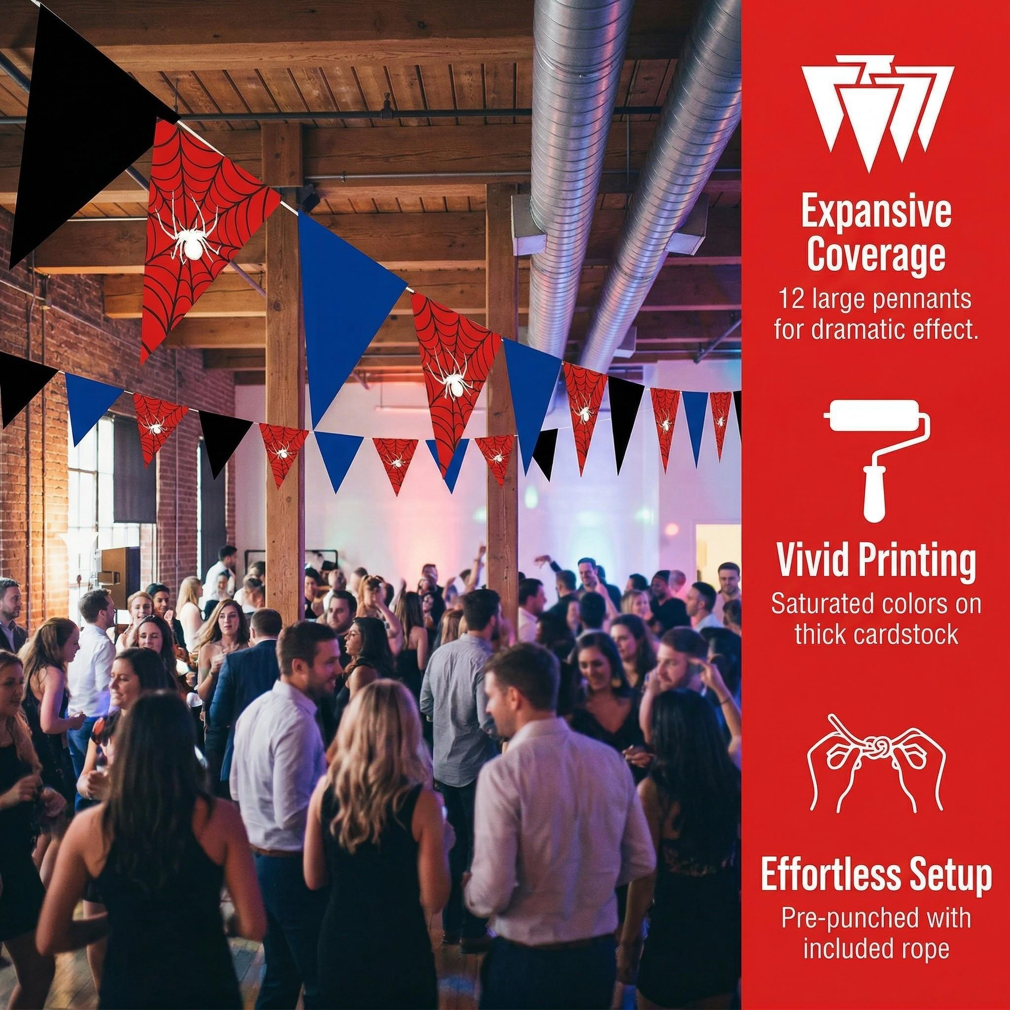 12pcs set of spider-themed Halloween party supplies Happy Birthday banner party decorations, classic red, blue, and black color scheme with Spider Web pattern design triangular flags, home wall decoration, wedding anniversary, holiday celebration supplies