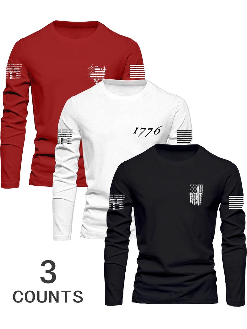 Men's Long Sleeve Round Neck T-Shirts, Casual Polyester Knit Tops with Flag Print, Fitted Style for Outdoor Leisure Daily Wear