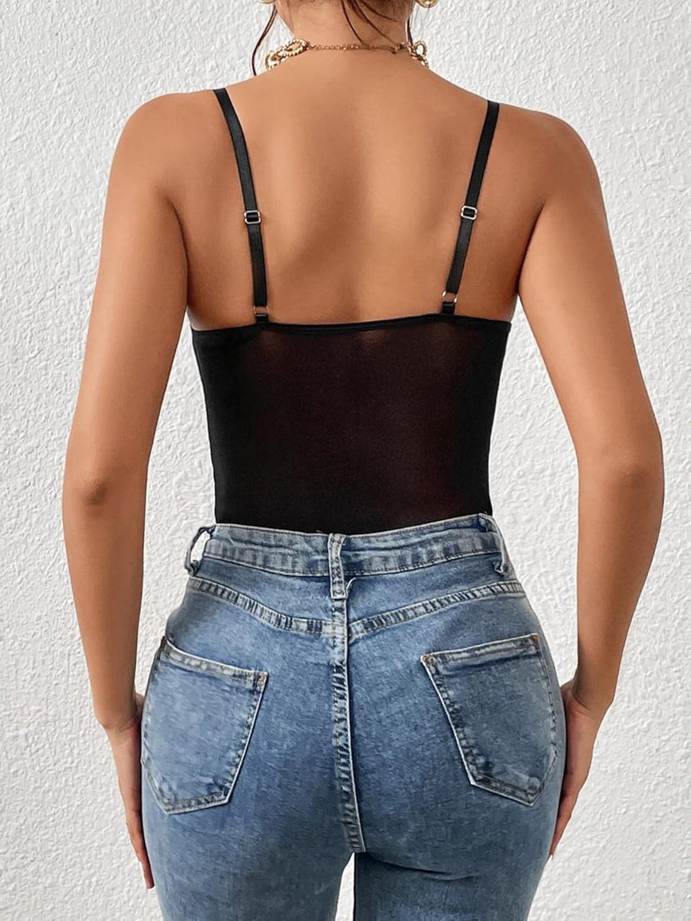 Women Spaghetti Strap Floral Lace Corset Bodysuit, V Neck Scalloped Sheer Mesh, Slim Waist Shaping, Casual Romper for All Seasons