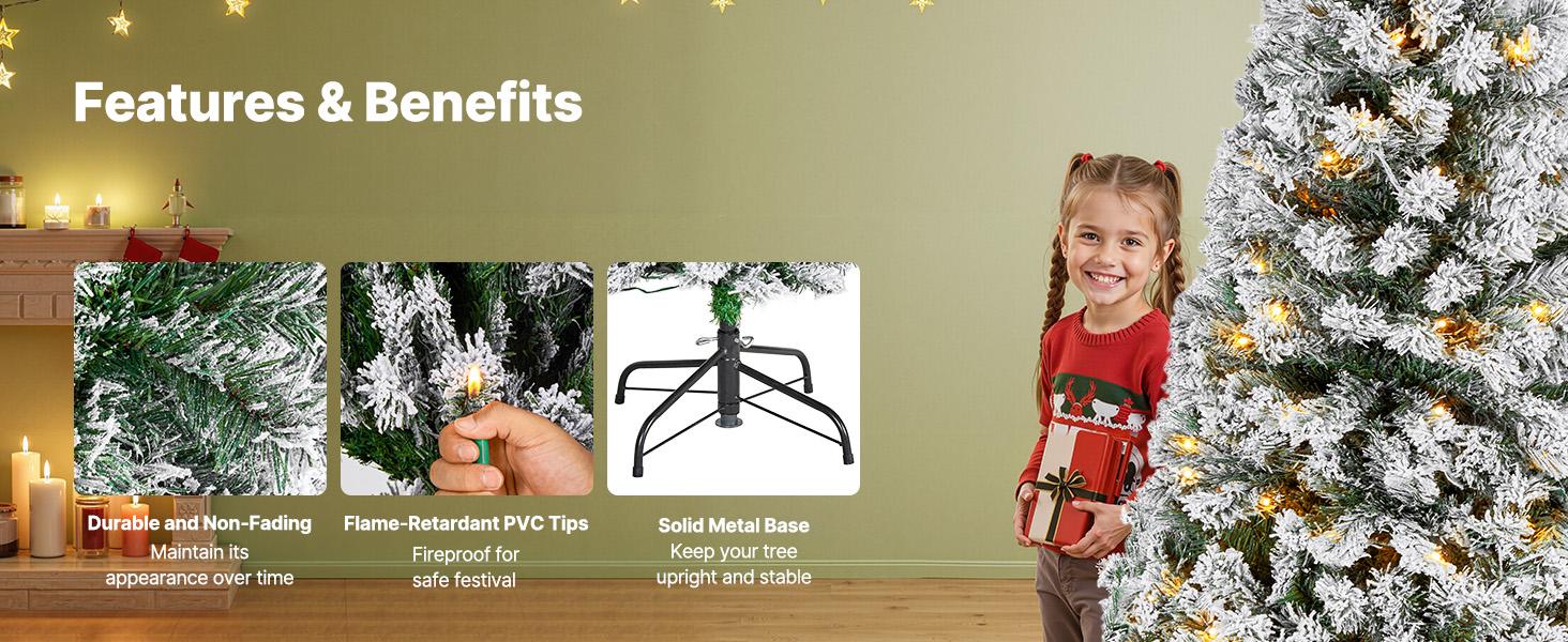 VEVOR Christmas Tree, 4ft Prelit Flocked Artificial Tree, Full Holiday Xmas Deco Trees with 120 Warm White LED Lights, 8 Lighting Modes 539 Branch Tips for Home Party Office Decoration