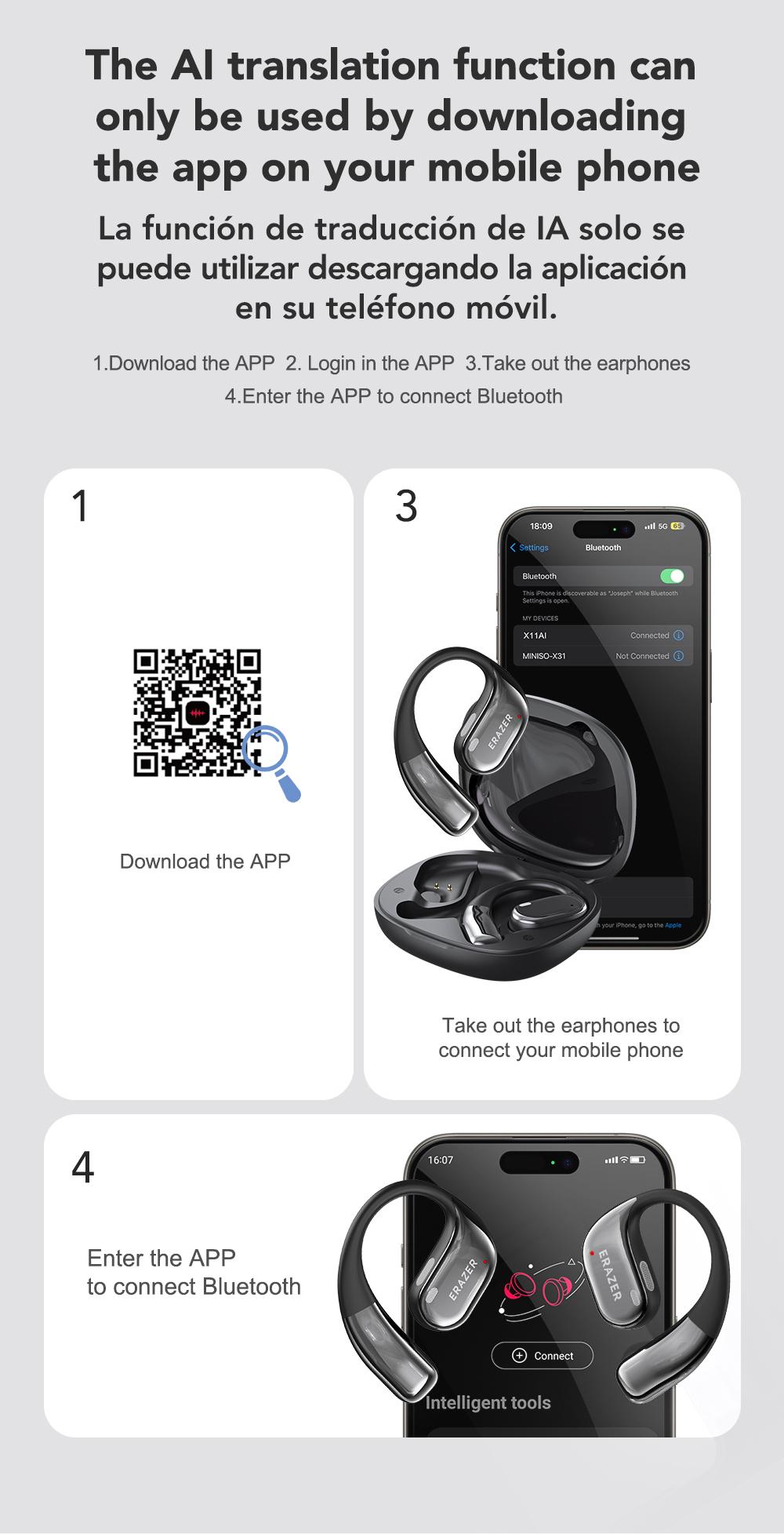 ERAZER X11 AI Translation Earbuds with APP Support 134 Languages Real Time Translate OWS Open-Ear Headphones Wireless Bluetooth 5.4 Earbuds With HD Mic Waterproof Earphones Gaming with Low Latency