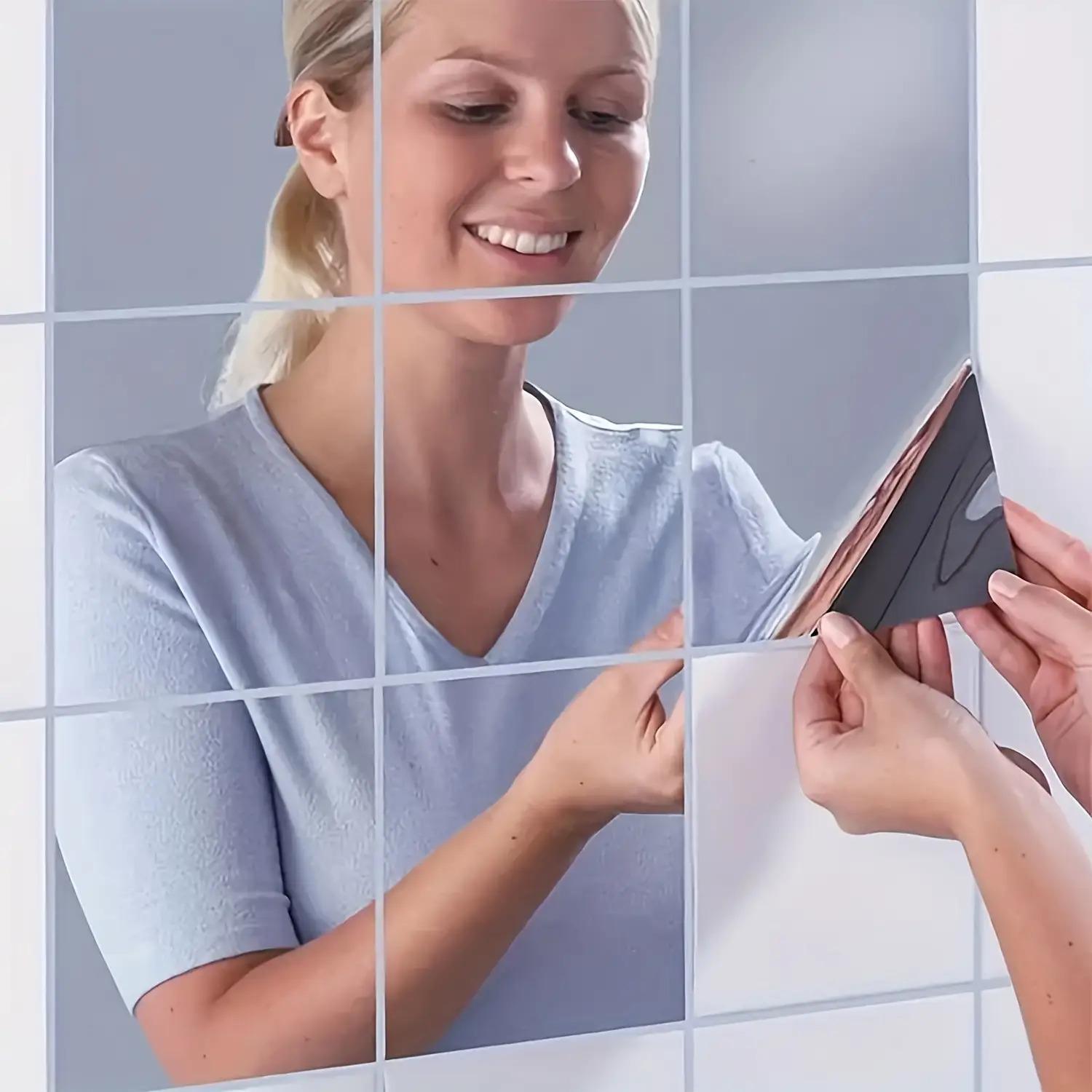 12-Pack 20×20cm Acrylic Mirror Tiles, thick frameless self-adhesive design. Easy to install vertically or horizontally, lightweight and durable. Perfect for living room, bathroom, shower, dressing room and bedroom, modern stylish wall decor.