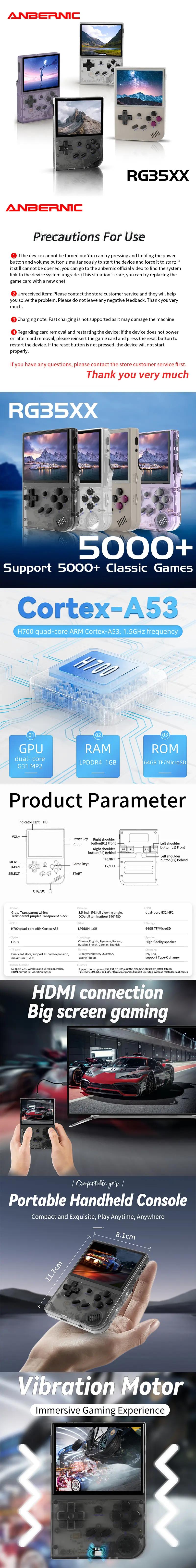 Anbernic Rg35xx Handheld Game Console, 3.5 Inch IPS Screen, 64GB Storage, 4500+ Classic Games, 2600mah Battery, HDMI & TV Output