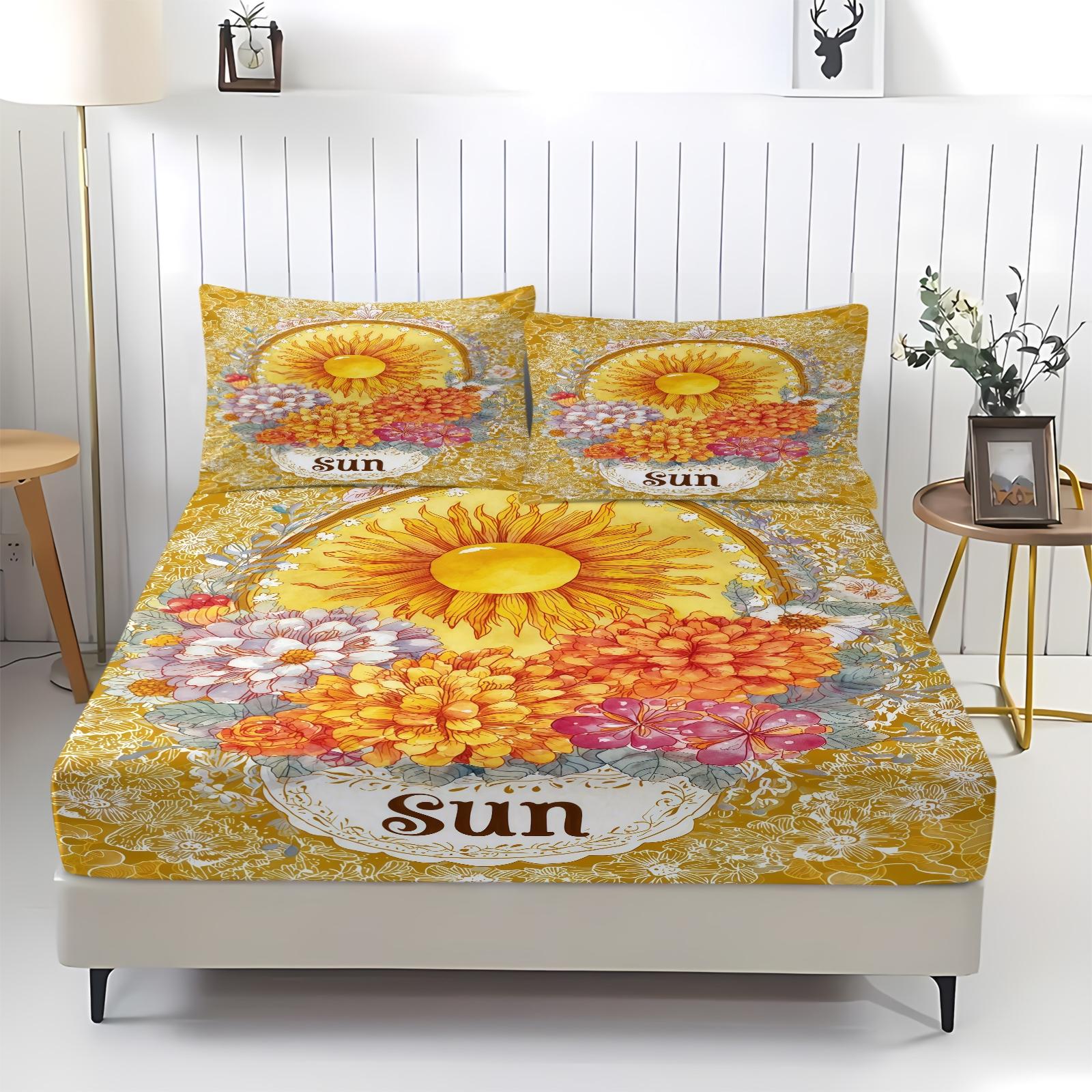 3-Piece Sunflower Patterned Bed Sheet Set, Soft And Durable Bedding Set, Including 1 Bed Sheet And 2 Pillowcases, Suitable For Children And Adults For Daily Holiday Birthday Gifts, Bedroom Decorations
