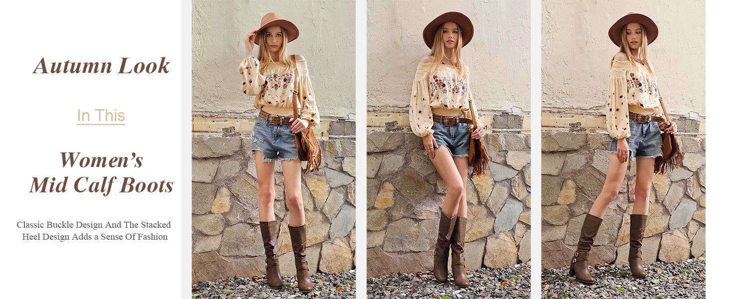 Coutgo Womens Mid Knee High Boots Chunky Heel Slouchy Metal Buckle Side Zipper Fashion Winter Shoes