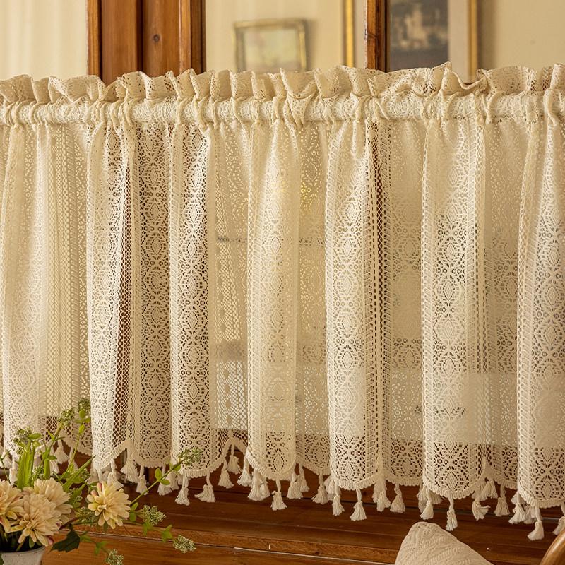 1pc Cotton Linen Curtain Half Light Blocking Vertical Striped Lace Fringe Rod Pocket, New Living Room Bedroom Cream French Vintage Style