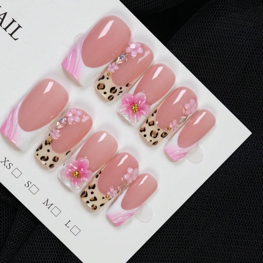10pcs Y2K Style Leopard Print Pink Flower Press On Nails, Gold Bead Square Nails, Salon Quality Nails, Nude Pink Gradient, Sparkling Diamond Embellishment, Suitable For Daily, Party, Outdoor Use