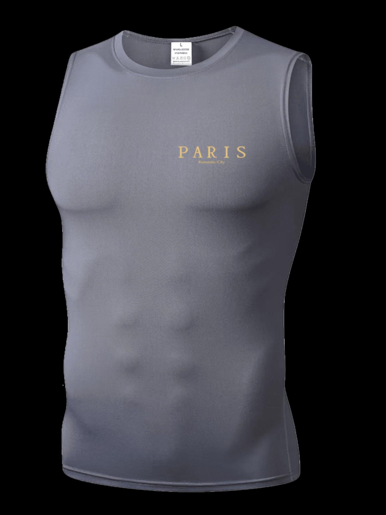 Men's Short Sleeve Sporty Tee, Quick-Dry Breathable Fabric, Paris Print, Ideal for Gym, Running, Boxing, Outdoor Activities