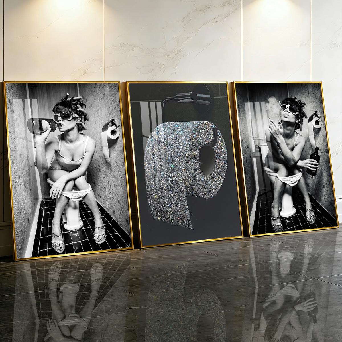 3 Counts Aluminum Alloy Framed Painting, Funny Woman Bathroom Drinking And Smoking Poster, Home Decoration For Living Room, Bedroom, Office, Restaurant, Hallway Wall Decor, Odorless Print Artwork, Luxury Perfect Gift For Friends And Family