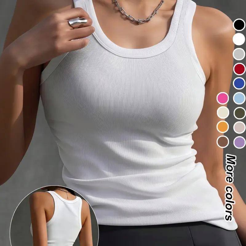 Women's Solid Color Ribbed Sports Tank Top, Elastic Ribbed Vest, Regular Fit Comfortable Breathable Sleeveless Sports Top for Yoga Gym Workout, Ladies Sportswear Exercise Clothing for All Seasons