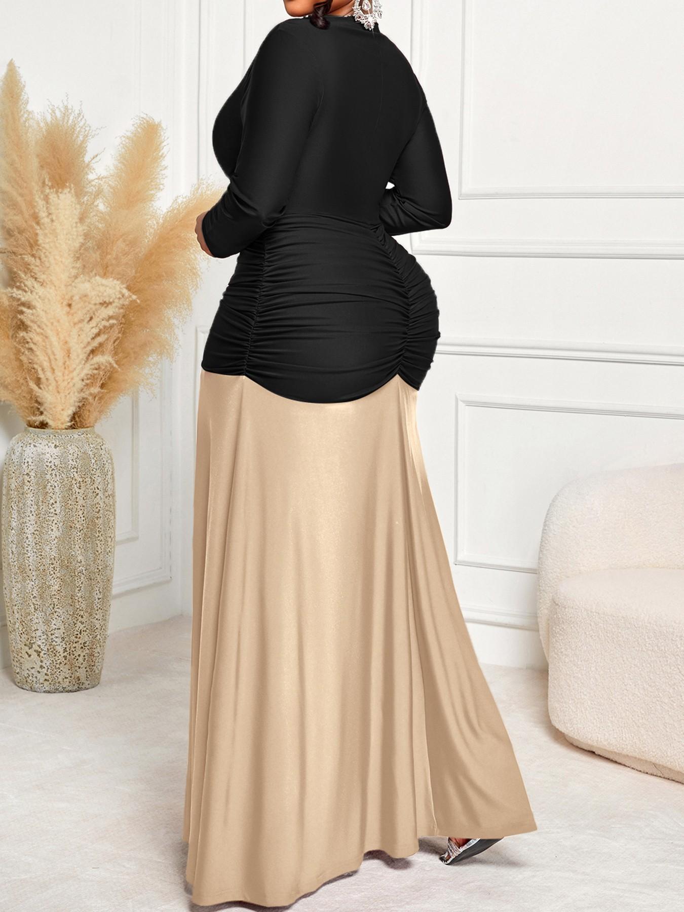 Plus Size Elegant Slim-Fitting Long Sleeve Maxi Dress, High Waist Pleated Ruched Bodycon Dress for All Seasons, Perfect for Valentine's Day and Special Occasions
