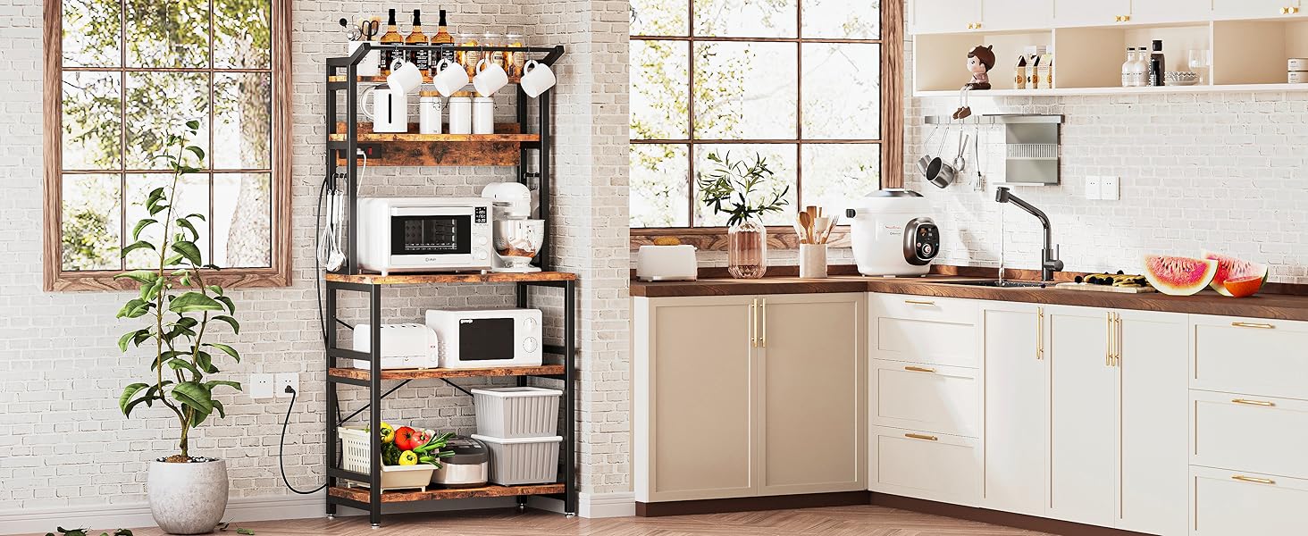 IRONCK Bakers Rack with Power Outlet, Microwave Stand with Storage, Coffee bar with 9 Hooks, 5 Tier Large Storage Capacity and Strong Metal Material for Kitchen, Vintage Brown Easy to Assemble IRONCK Bakers Rack with Power Outlet, Microwave Stand with Storage, Coffee bar with 9 Hooks, 5 Tier Large Storage Capacity and Strong Metal Material for Kitchen, Vintage Brown Easy to Assemble