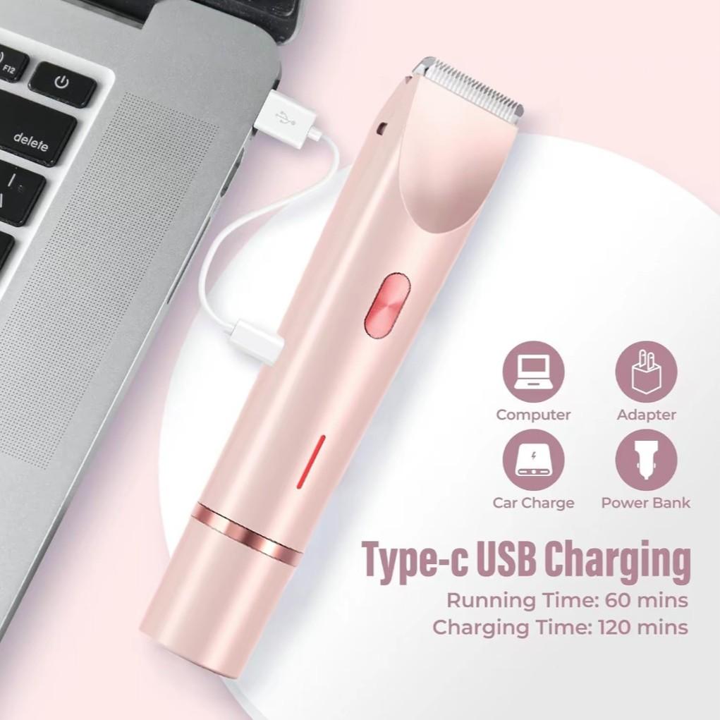 2-in-1 Bikini Trimmer for Women, Cordless Charging Trimmer, Wireless Hair Trimmer, Electric Shaver and Razor Rechargeable Body and Facial Epilator, Dual Heads for Painless Trimming of Pubic Hair and Legs, IPX7 Waterproof, Christmas Gift New Year Gift