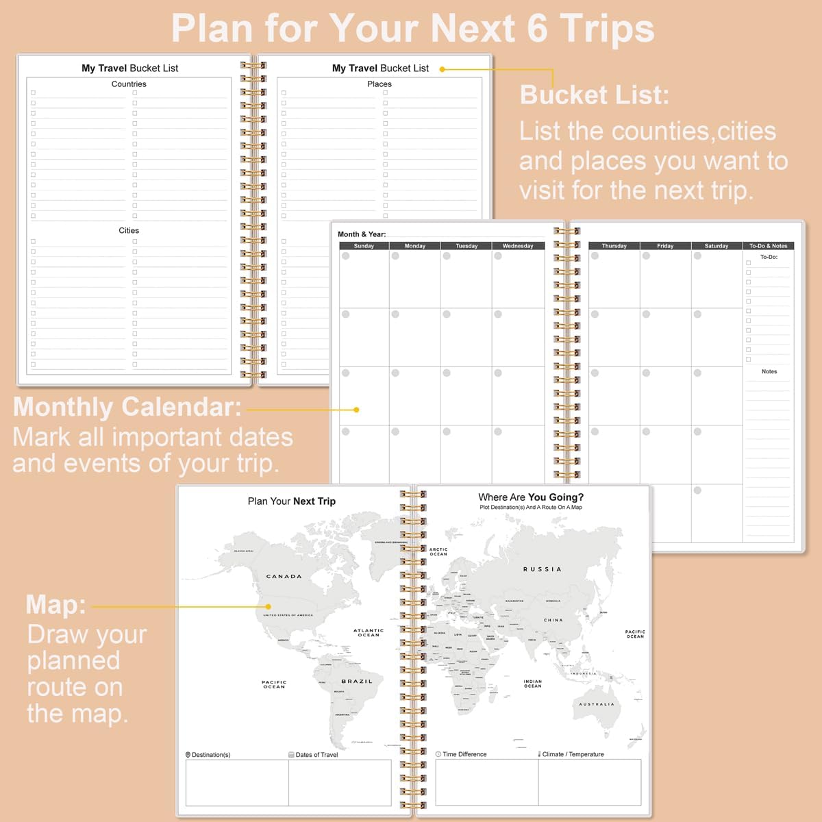 Travel Journal for Women & Men,  & Road Trip Planner Organizer, Travel Notebook for 6 Trips, Trip Planner  to Record Memories and Adventures from Special Trips, 5.8" x 8.5", Rose Leaf