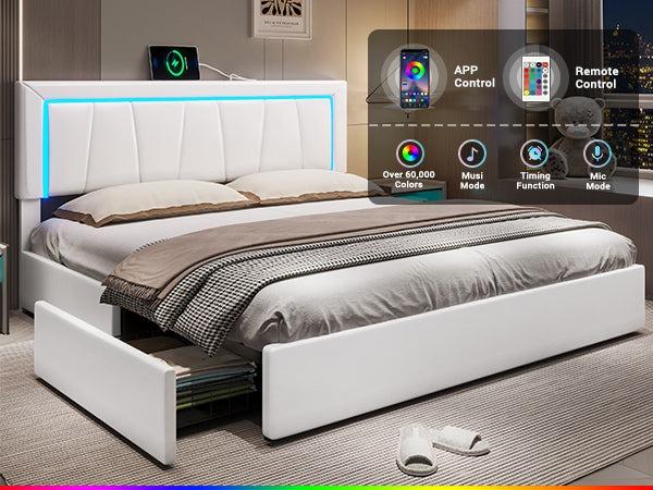 Sikaic Faux Leather Platform LED Bed Frame With Storage Drawers And USB Ports Adjustable Headboard White Furniture Modern Interior Design Luxury