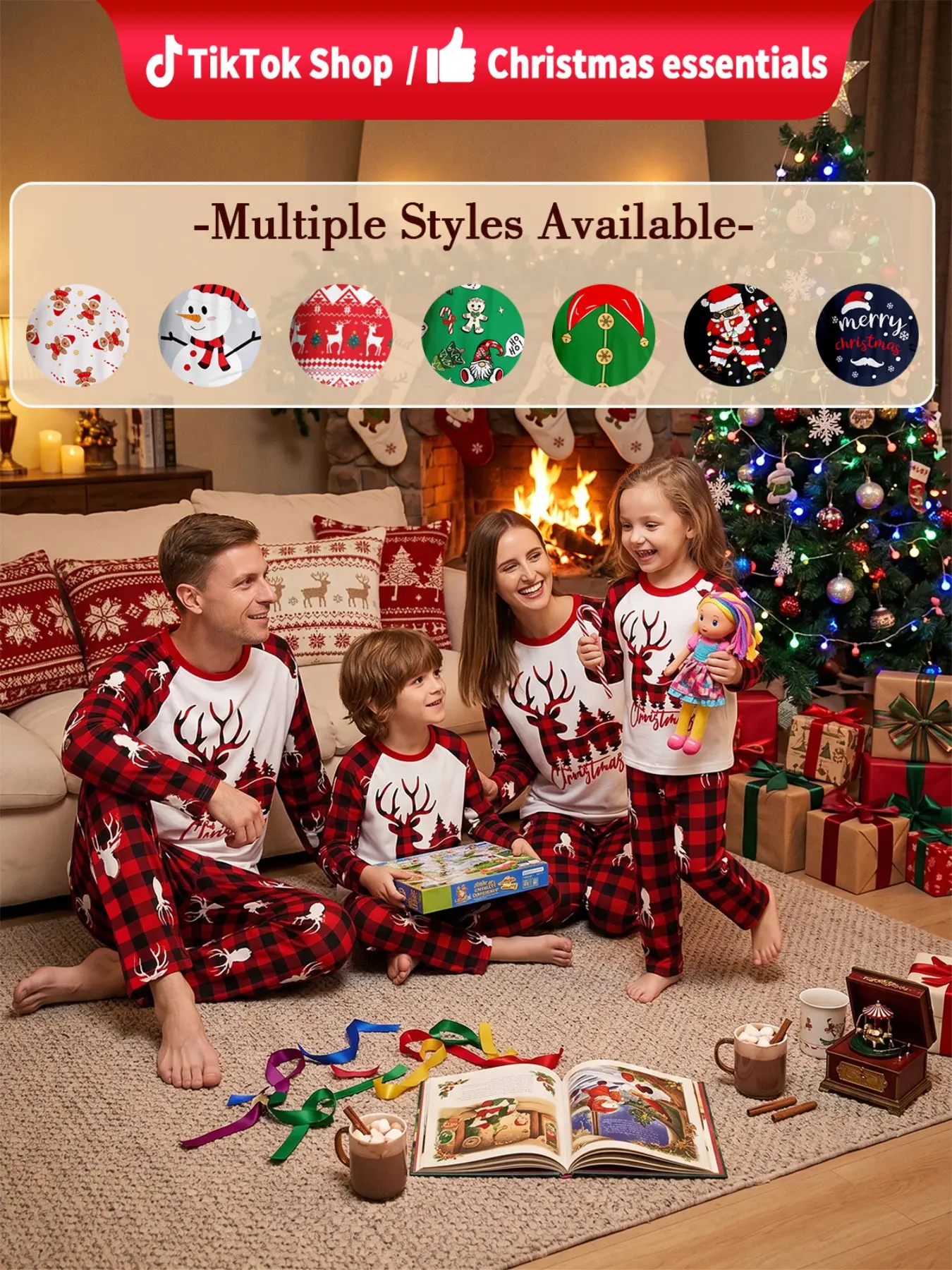 Family Matching Christmas Pajamas, Reindeer Print Top & Buffalo Plaid Pants, 2-Piece Lumberjack-Style PJ Set Family Matching Christmas Pajamas, Reindeer Print Top & Buffalo Plaid Pants, 2-Piece Lumberjack-Style PJ Set