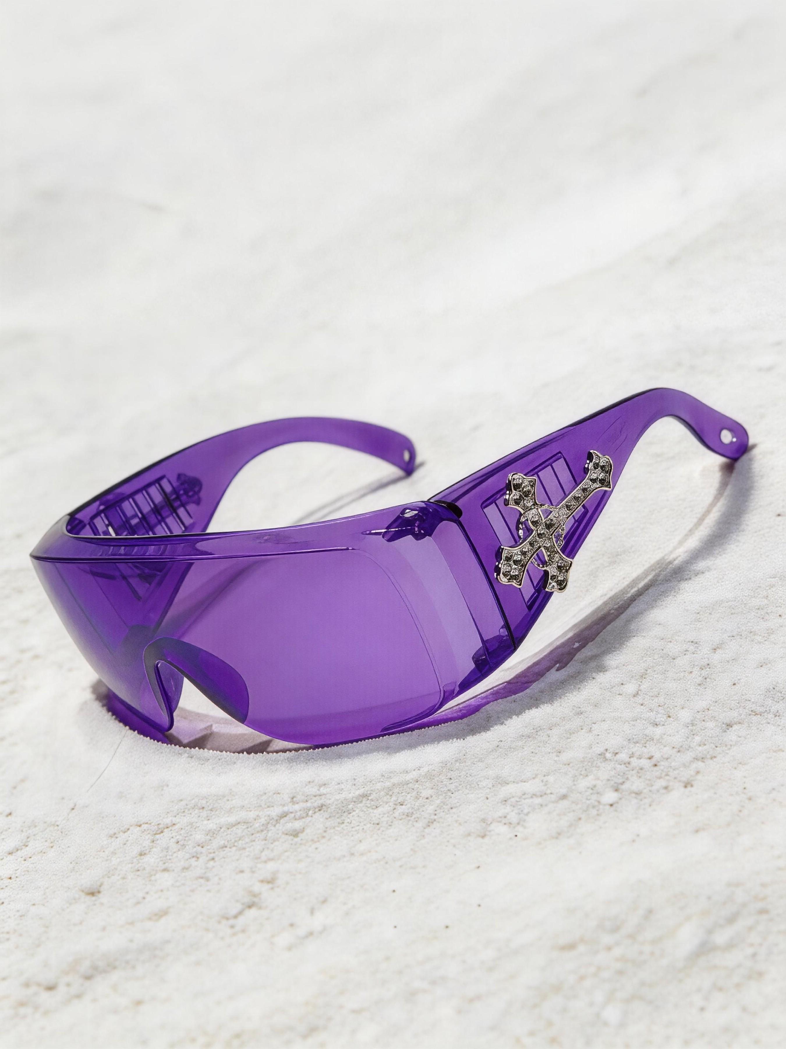 Men's Fashion Glasses with Rhinestone Cross Decoration, PC Lenses, UV Protection, Cat Eye Frame, Party Style, Includes Strap and Cloth, Trendy Sunglasses, Stylish Sunglasses, Fashionable Sunglasses