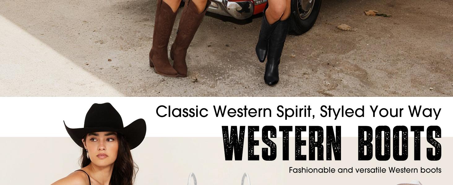 【Valentine's Day Gift】Western Cowboy Boots for Women - Wide Calf Knee High Cowgirl Boots with Classic Embroidered, Slip On Pointed Toe Chunky Heel Fashion Retro Classic Pull On Tall Boot for Girls Ladies Fall Winter Brown fall boots
