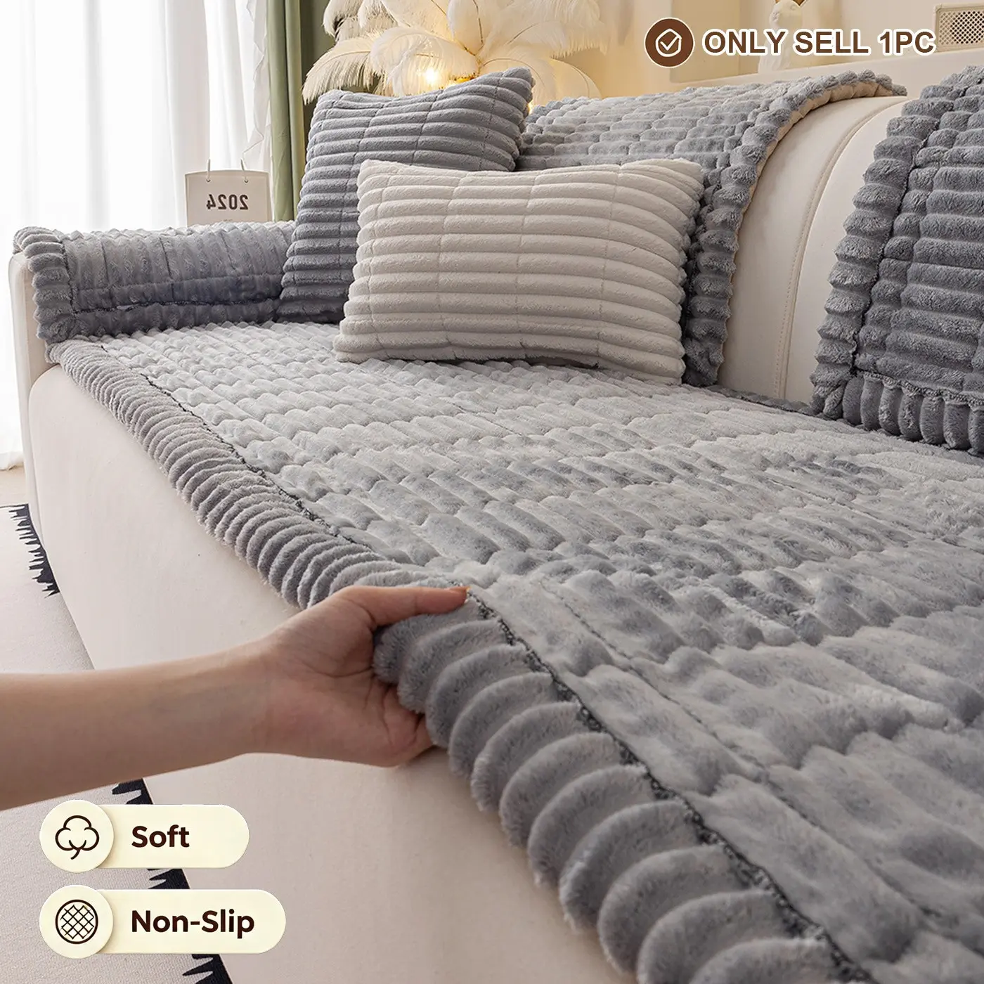 High-End Fashion Minimalist Plush Quilted Sofa Cover, Non-Slip Thick Washable Sofa Pad, Pet-Friendly Scratch-Resistant, Modern Home Decor, Dustproof Couch Cover