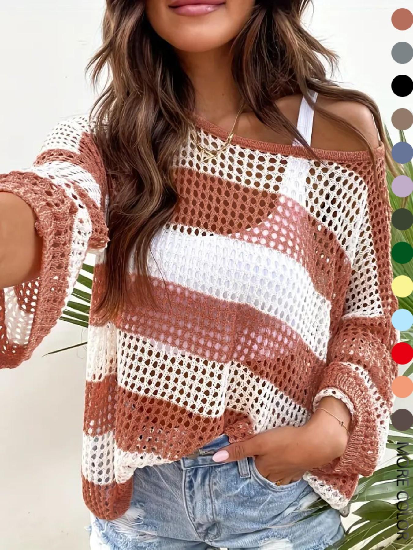 Women's Striped Print Hollow Out Sheer Drop Shoulder Sweater, Casual Long Sleeve Boat Neck Jumper for Spring & Fall, Fashion Women's Knitwear for Daily Wear