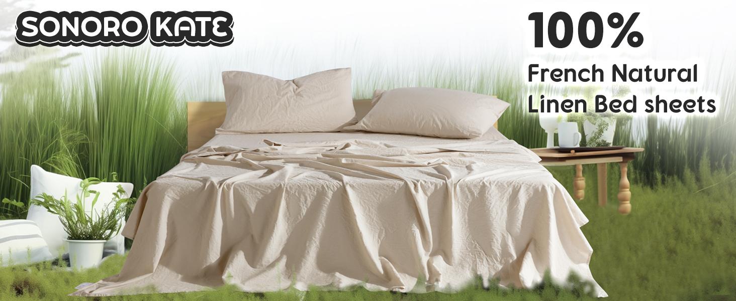 Sonoro Kate Pure French Linen Bed Sheet Set, King Size, 4 Piece, Breathable, Durable, Cooling, Machine Washable, 16 Inch Deep Pocket