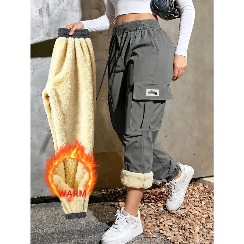 Women's High-Waisted Flanged Cuff Joggers - Women's Clothing, Autumn Winter Thick Fleece Warm Pants with Elastic Drawstring, Loose Full-Length, Large Flip-Cover Pockets, Machine-Washable for Streetwear & Outdoor Daily Wear