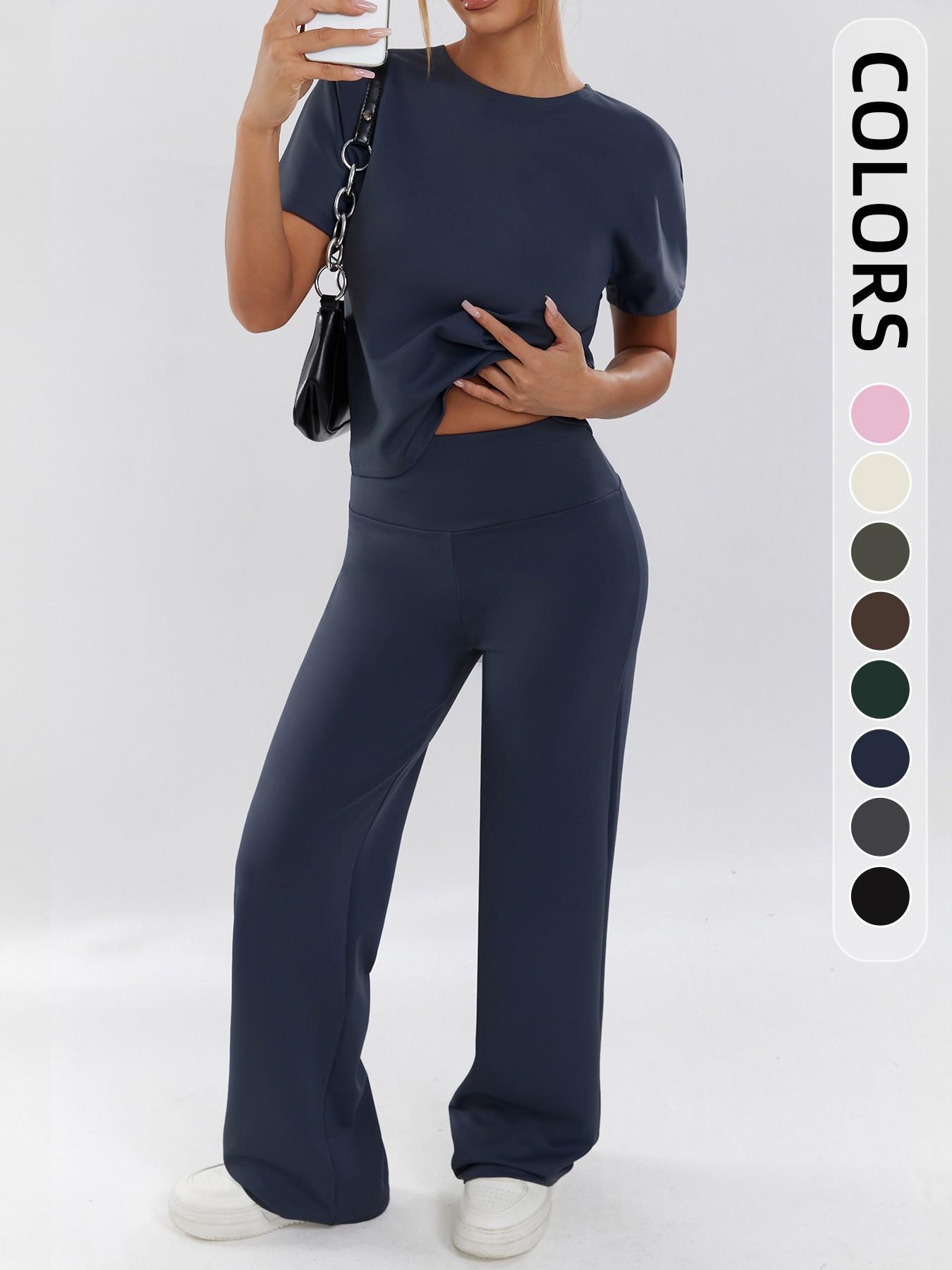 Women's Two-Piece Set, Loose-Fit Short Sleeve Top & High Waist Wide-Leg Pants, Breathable Fabric, Ideal for Yoga, Gym & Running, Athleisure Gym Clothes, Casual Activewear Set, Loose Casual Athleisure