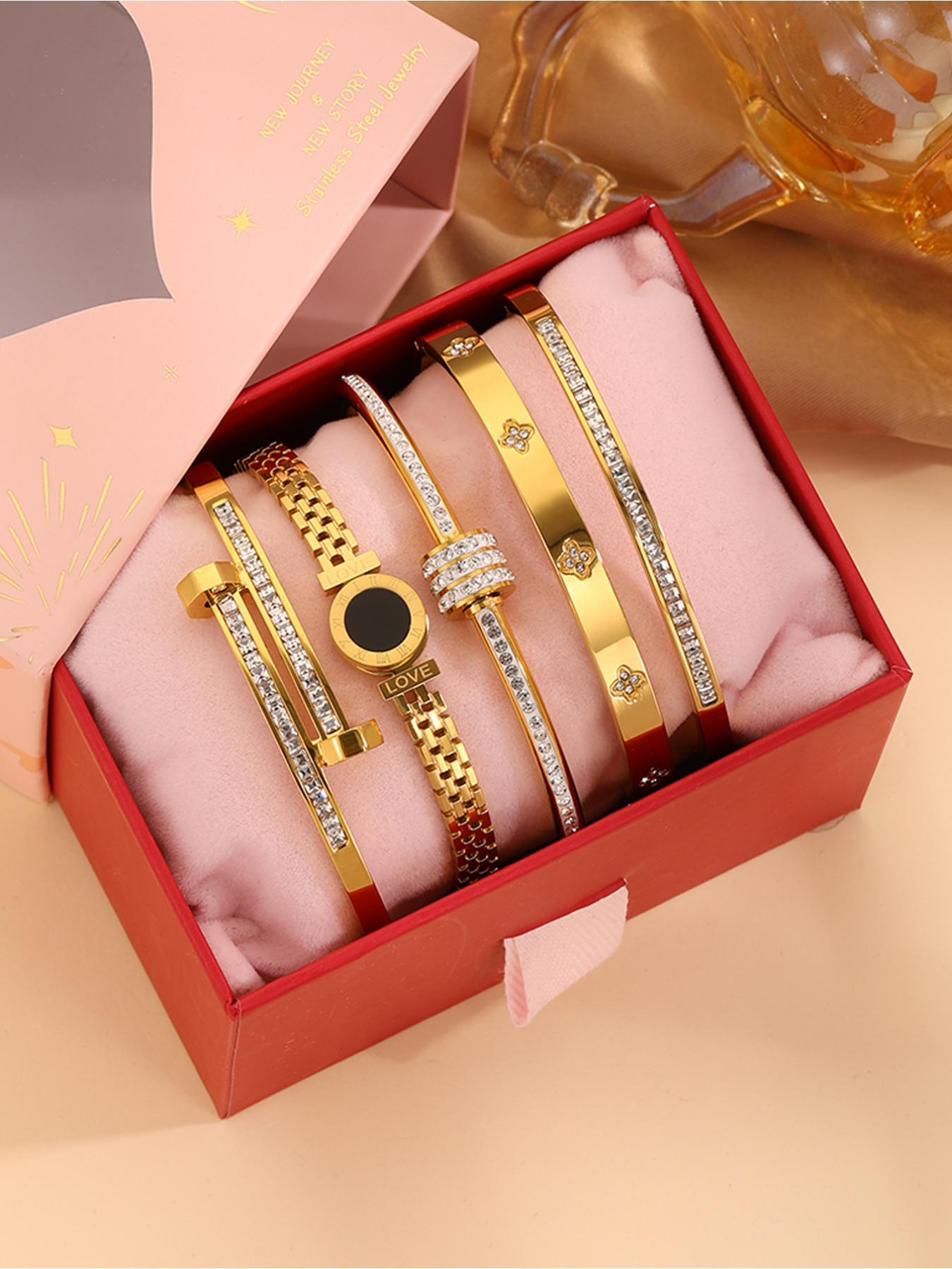 5-piece Set Of Unisex's Elegant and Luxurious 304 Stainless Steel Bracelets with Gift Box, High-quality and Fashionable Items for Christmas Gift, Birthday Gift Box and Stackable Bracelets