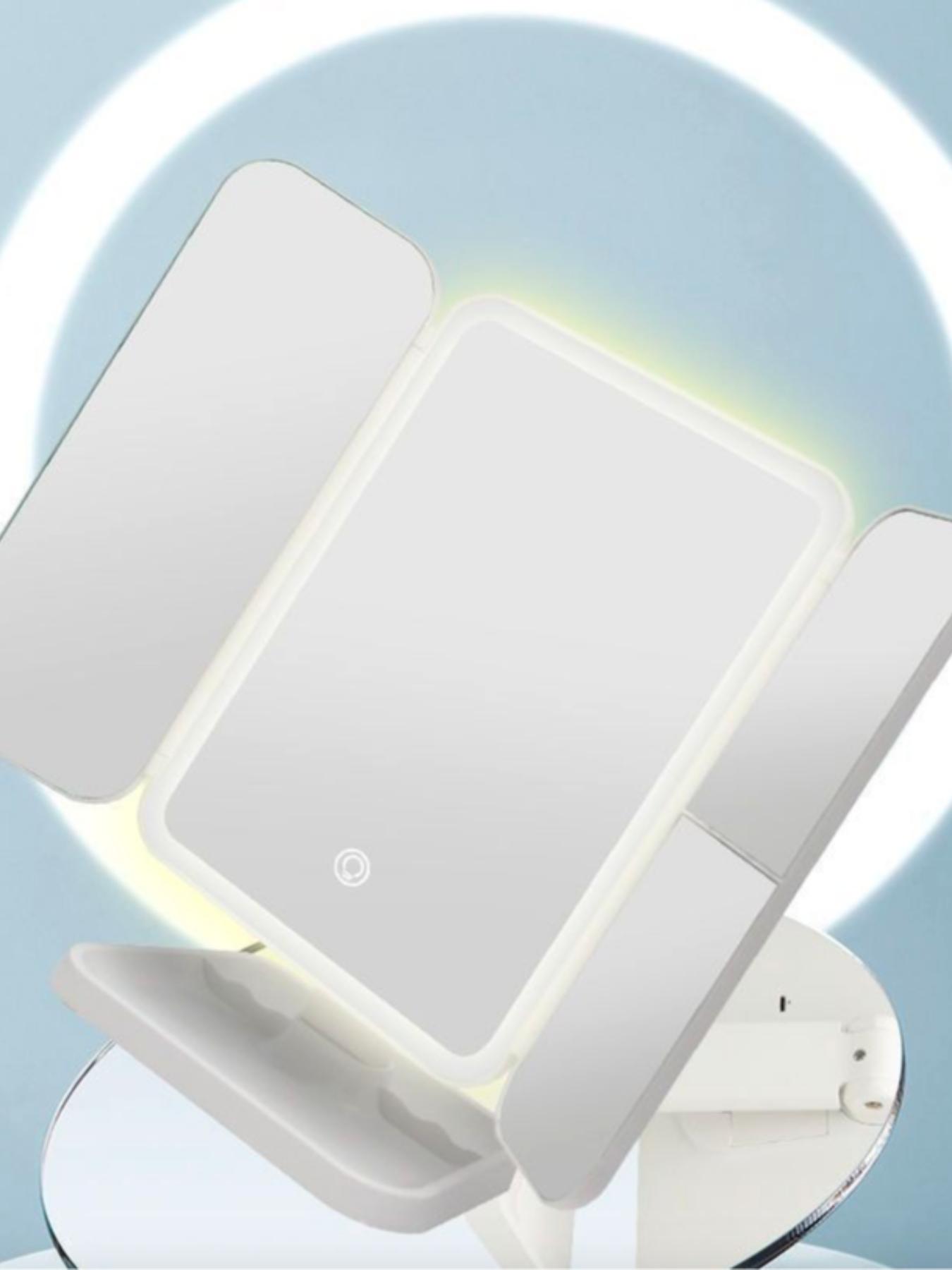 Diamond Pattern Three-Fold with Portable Storage Box, Standing Beauty Mirror for Bedroom Bathroom, Vanity Mirror, Travel Makeup Mirror