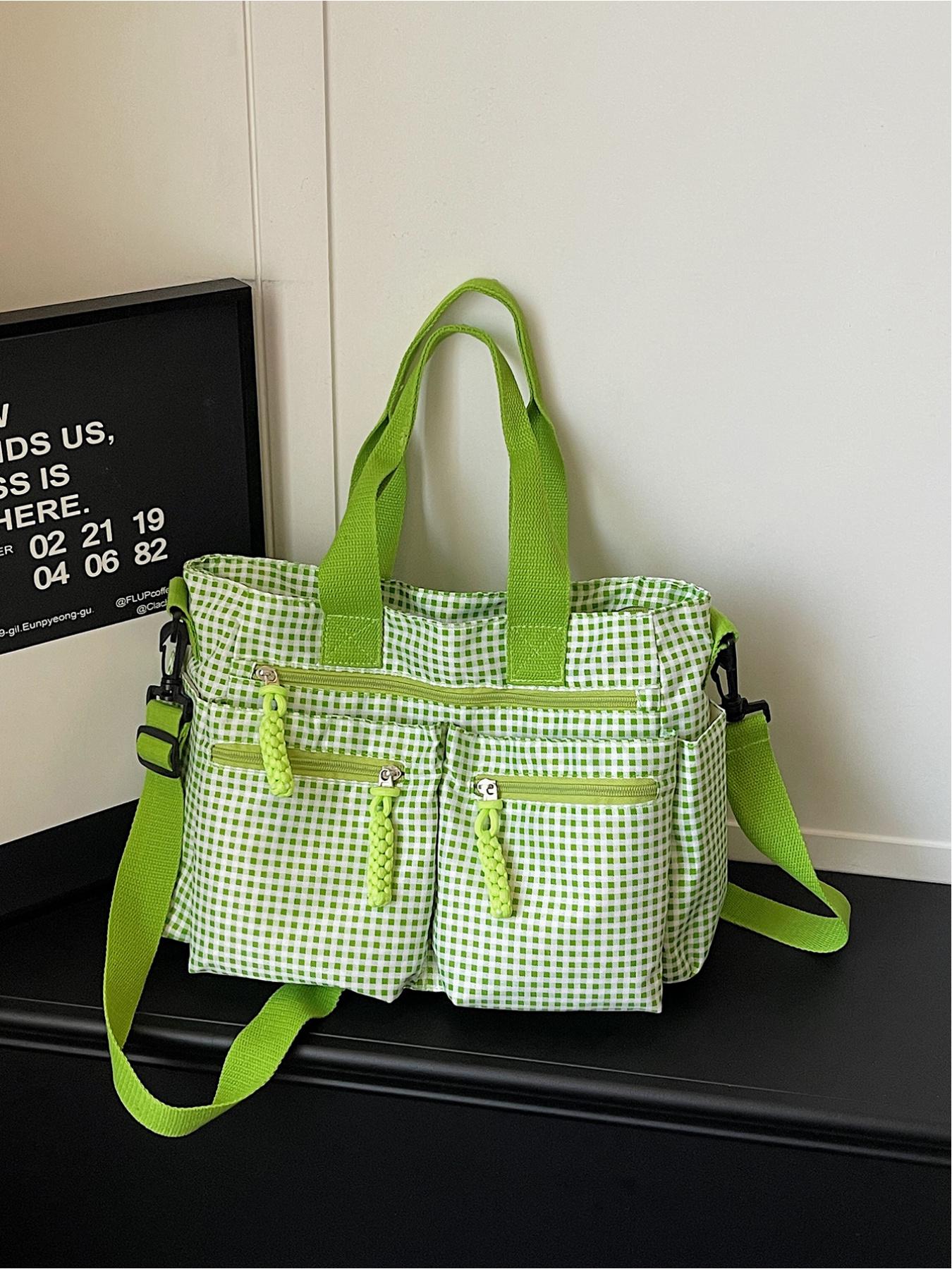 Large capacity plaid multi pocket tote bag, retro street style drawstring design, single shoulder bag, workwear style crossbody bag, adjustable shoulder strap, daily leisure, work, commuting, armpit bag