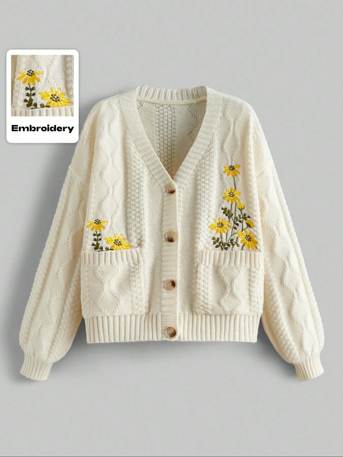 Women's Knitted Sunflower Embroidered Cardigan, Casual Loose-Fit Floral Pattern, Fall & Winter V-Neck Long Sleeve Jacket