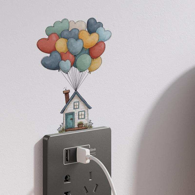 1pc Balloon House Switch Sticker, 2D Flat Sticker, Colorful Balloon and House Design, Removable Self-Adhesive, Home Decoration