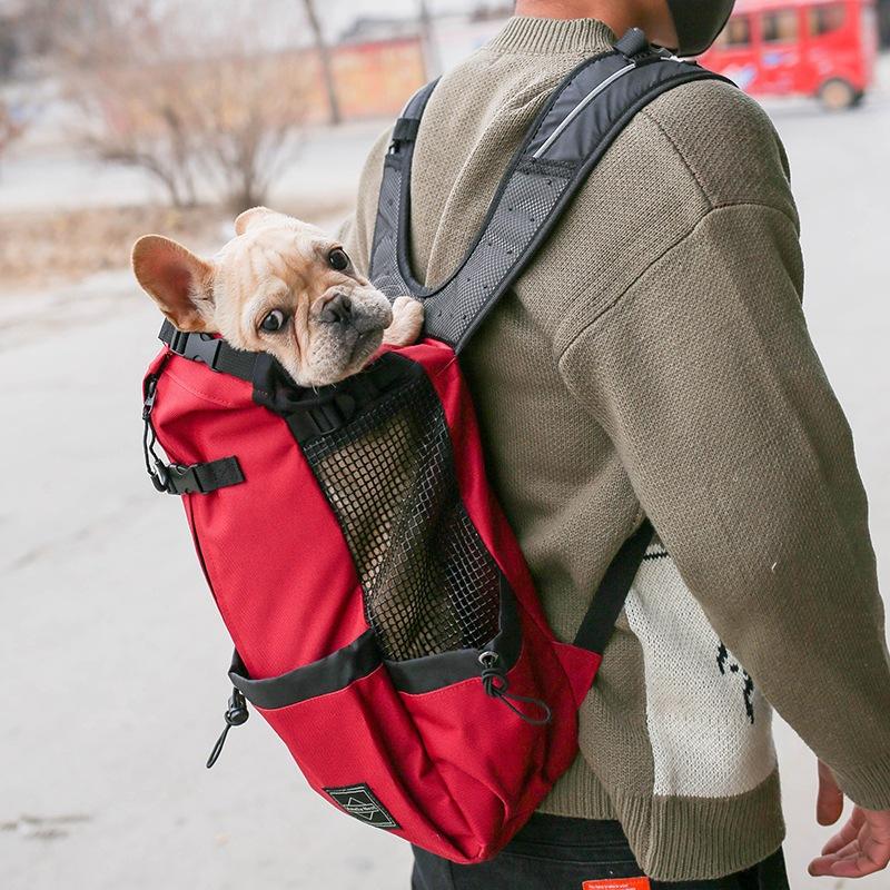 Breathable Polyester Dog Backpack Carrier, Washable Pet Rucksack for Outdoor Cycling and Hiking, Hands-Free Kitten Head-Out Pouch for Shopping and Travel, Available in Red and Blue