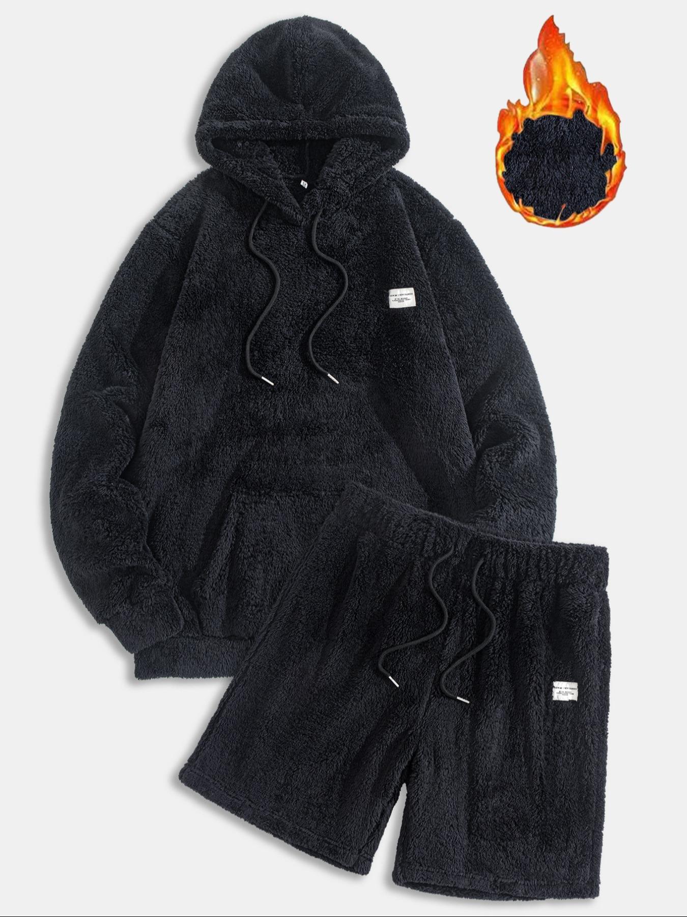 Men's Thermal Hoodie & Drawstring Waist Short Set, Hooded Sweatshirt Set, Casual Fashion Cozy Breathable Two-piece Outfits for Daily Outdoor Wear, Men Clothes for Spring & Fall