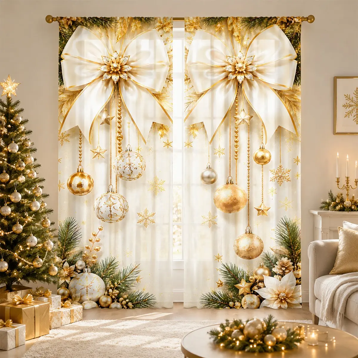 2pcs Platinum and gold large bow Christmas semi-blackout curtains, gold snowflake, colorful pom-pom, beaded chain, pine branch, and poinsettia print, pocket rod installation, suitable for living rooms, bedrooms, etc.