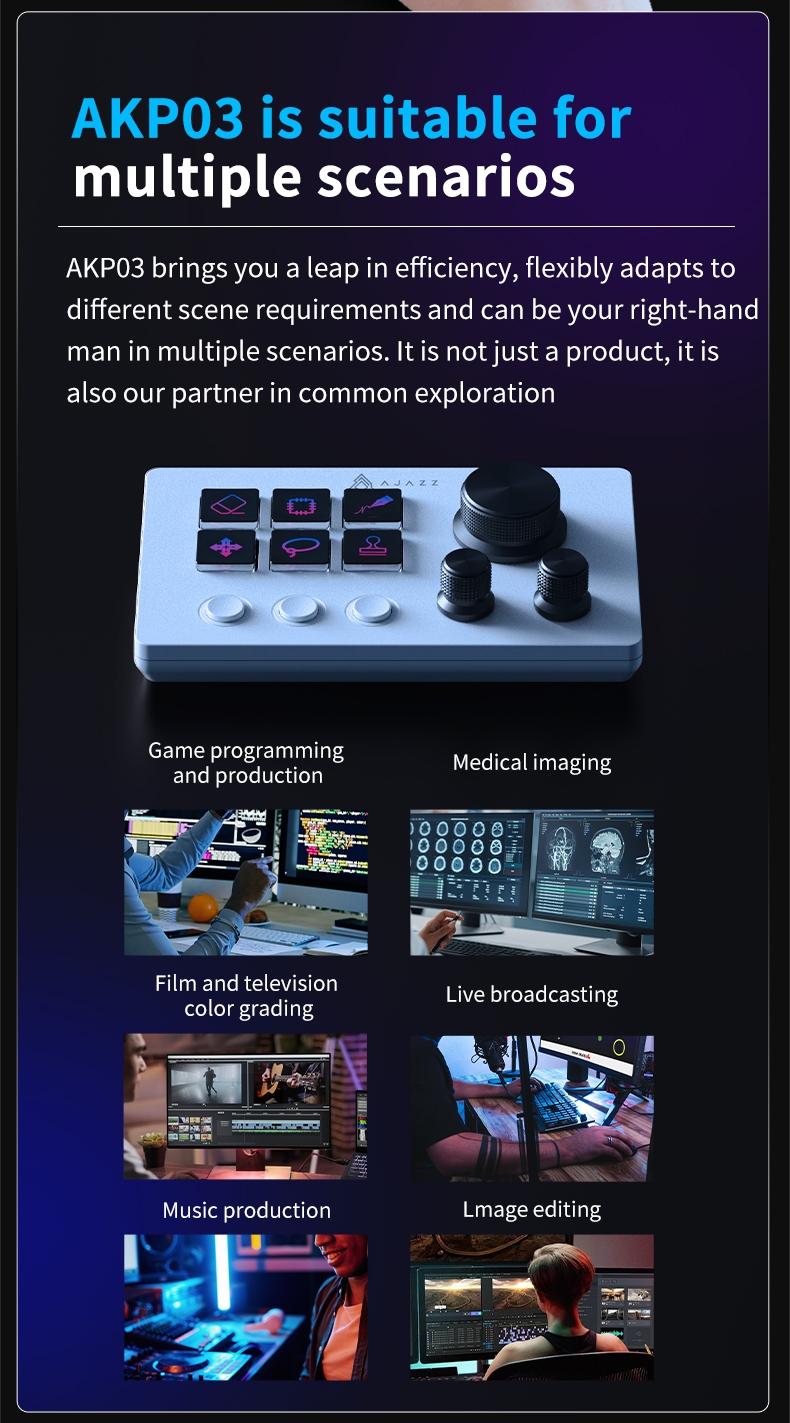AJAZZ AKP03 console programmable rotation shortcut keys, multi-audio control, one-key operation, customizable buttons, integrated live broadcast console, anchor's essential desktop helper, live broadcast assistant