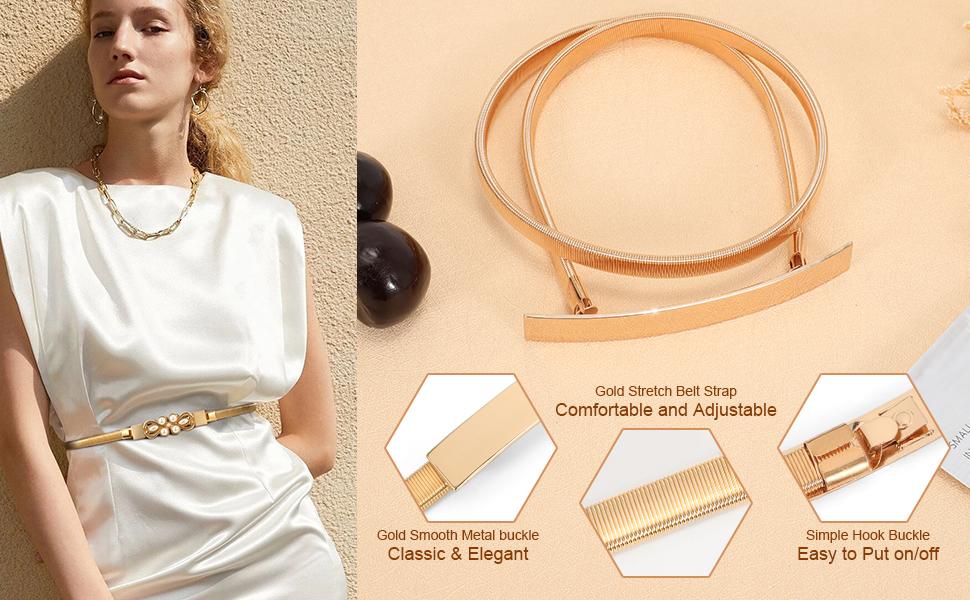 JASGOOD Women Skinny Metal Waist Belt Gold Waistband Elastic Metal Chain Waist Belt for Dress