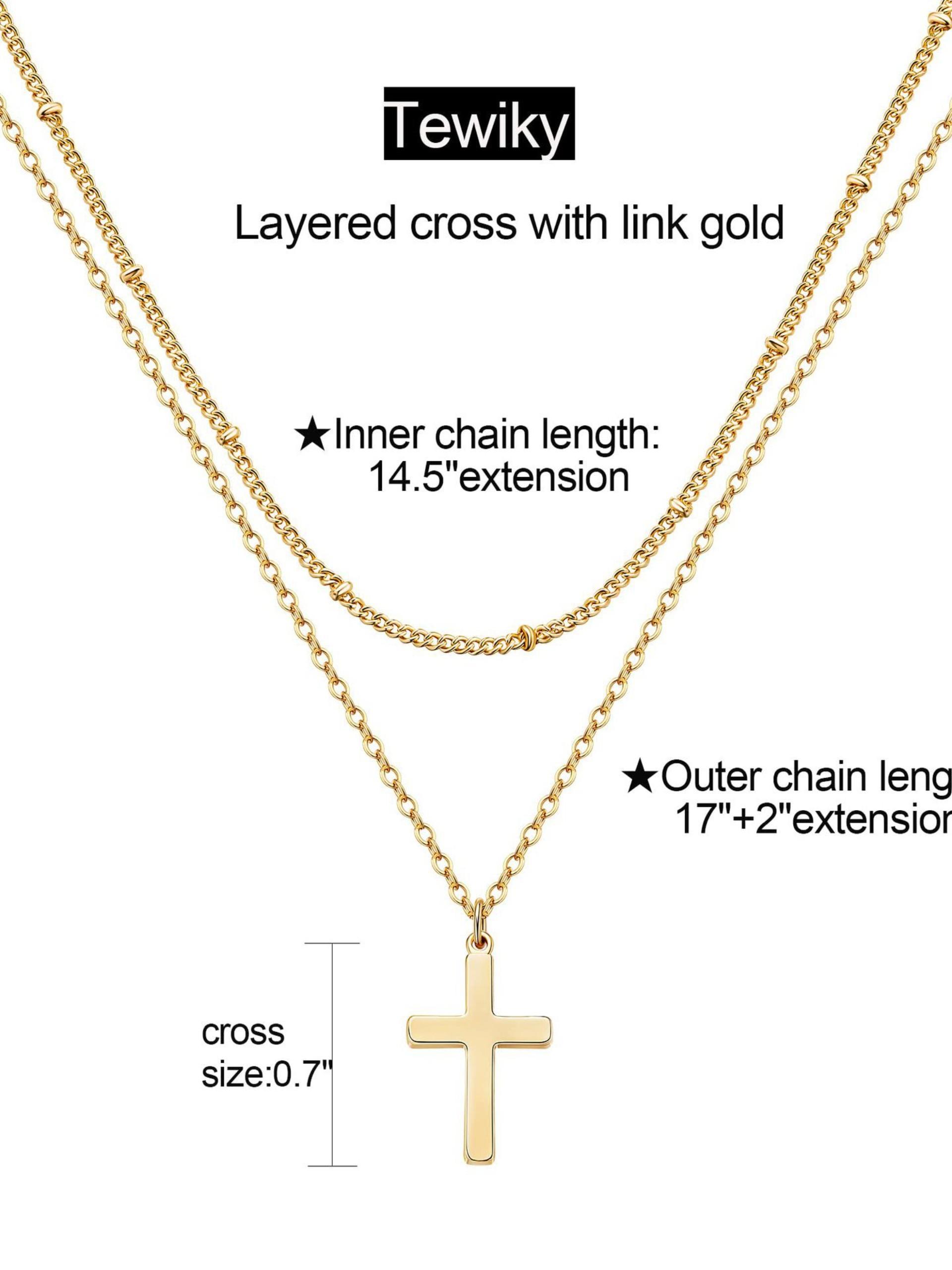 Women's Stainless Steel Cross Chain Beaded Necklace, Elegant Minimalist Design, Double Layer Crucifix Pendant Jewelry