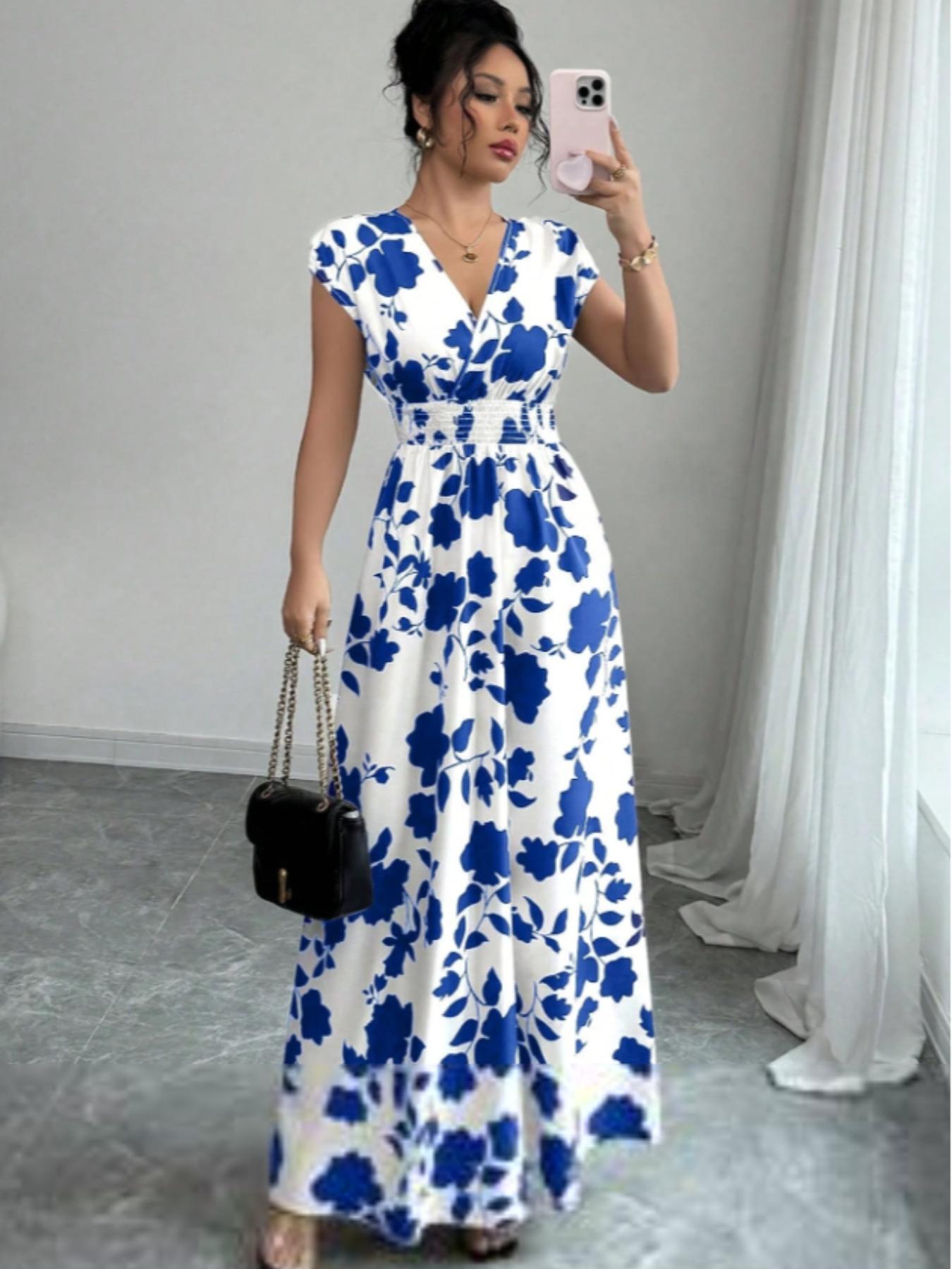 Elegant Women's Summer Dress, V Neck Fitted A-Line Batwing Sleeve, Floral Print, Leaf, Casual Fashion, Perfect for Daily Wear & Special Occasions