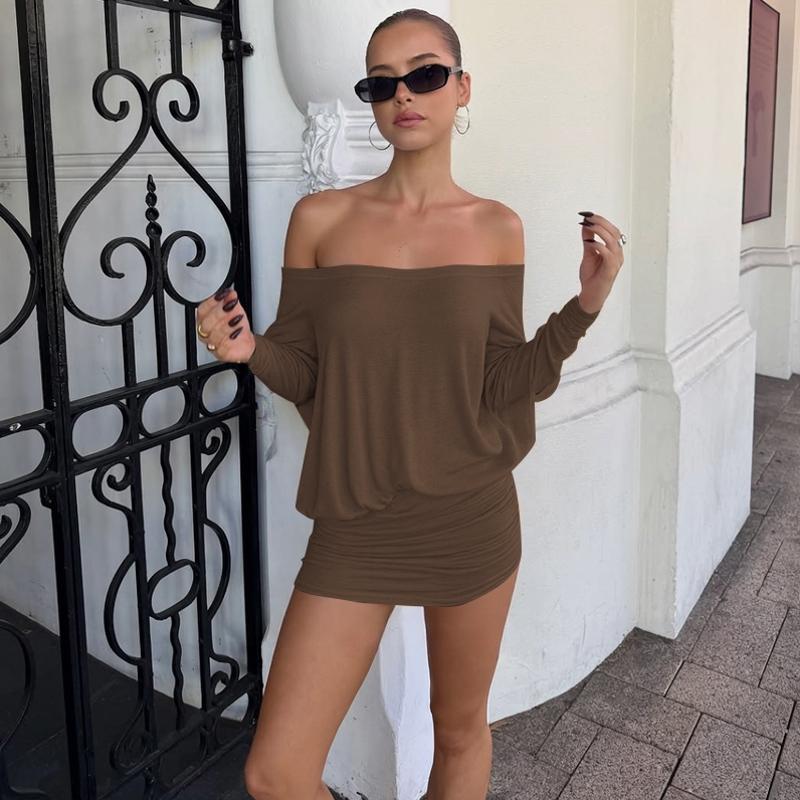 Women's Sheer Ruched Casual Party Dress, Off-The-Shoulder Long Sleeve Fit Women's Mini Dress for Spring & Fall, Womenswear Fashion, Lady