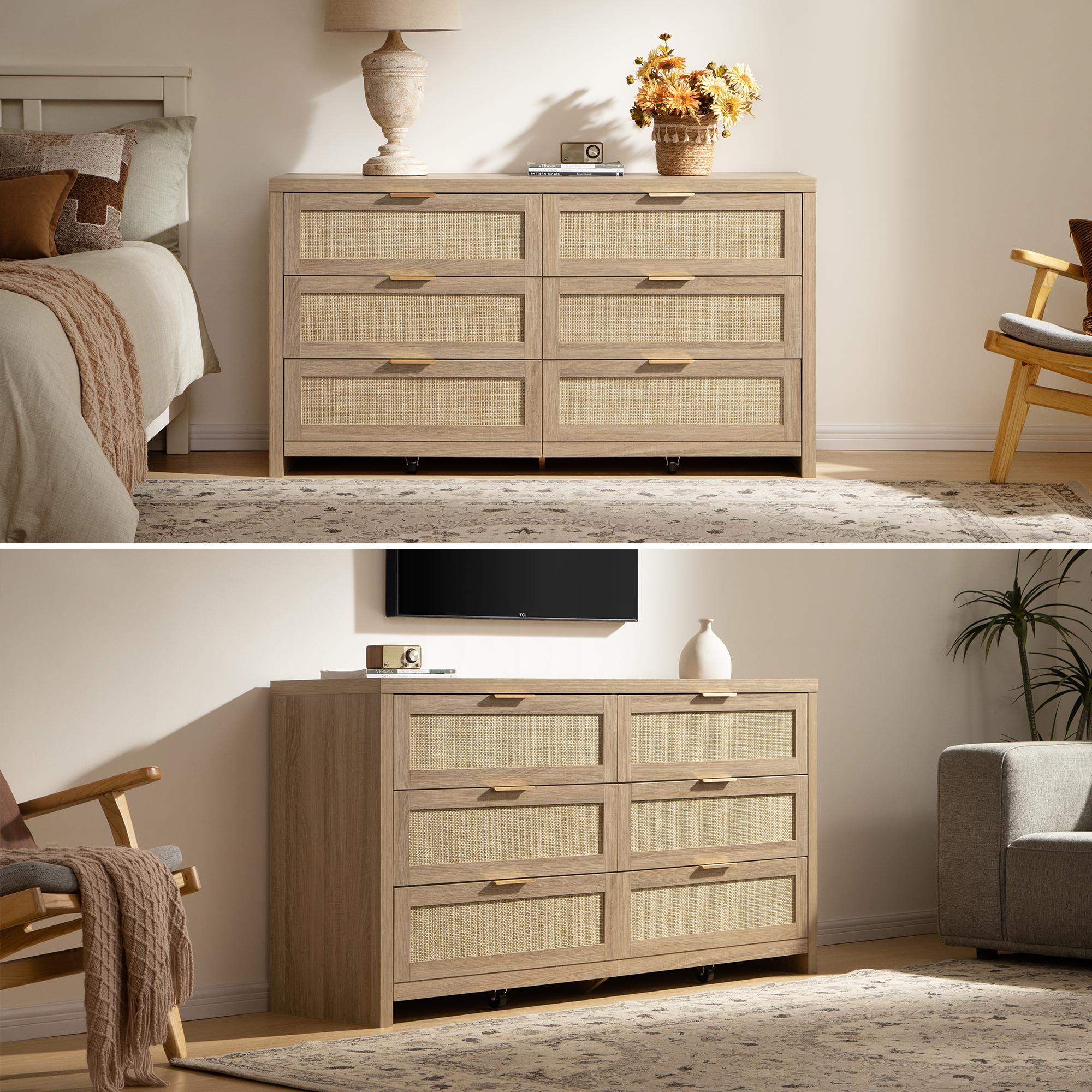 SICOTAS Rattan Dresser for Bedroom, 17.7" x 56.9" x 31.3" Size 6 Drawer Dresser with Ample Storage,Unique Engineered Wood Dressers Large Chest of Drawers for Nursery, Closet, Boho TV Stand for Bedroom, Sturdy and Durable, Easy Installation SICOTAS Rattan Dresser for Bedroom, 17.7" x 56.9" x 31.3" Size 6 Drawer Dresser with Ample Storage,Unique Engineered Wood Dressers Large Chest of Drawers for Nursery, Closet, Boho TV Stand for Bedroom, Sturdy and Durable, Easy Installation