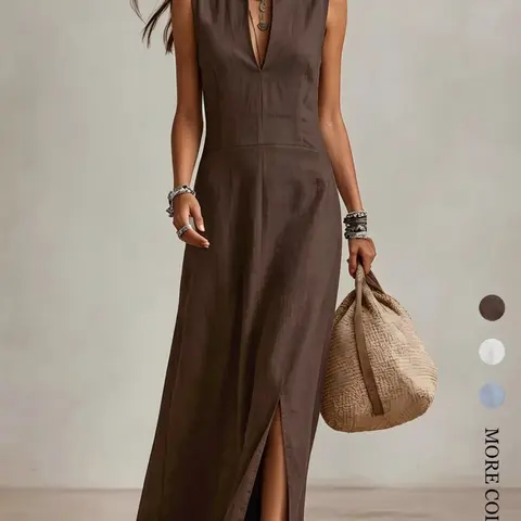 Stand Collar Sleeveless V Neck Waist Cinch Split Long Dress, Elegant Casual Vacation Dress, Minimalist Style for Spring Summer, Summer Dresses