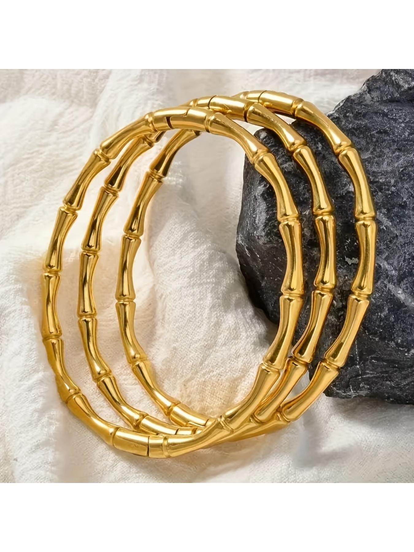Bamboo Design Gold Bangle Set, 3-Piece Stackable Bracelets, Stainless Steel No Fading Bangles, for Women, Fashion Jewelry & Gifts for Daily Wear.