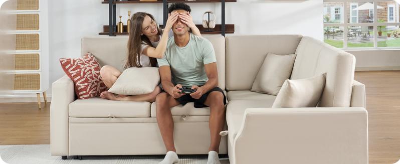 [Ships in 2 Boxes]VanAcc Modern Linen Sofa Bed with 3 Throw Pillows, 85 Inch Upholstered Sleeper Sofa with Pull Out Sofa Bed, L Shaped Sofa Couch with Storage Seat, Sectional Couches for Living Room, Apartment