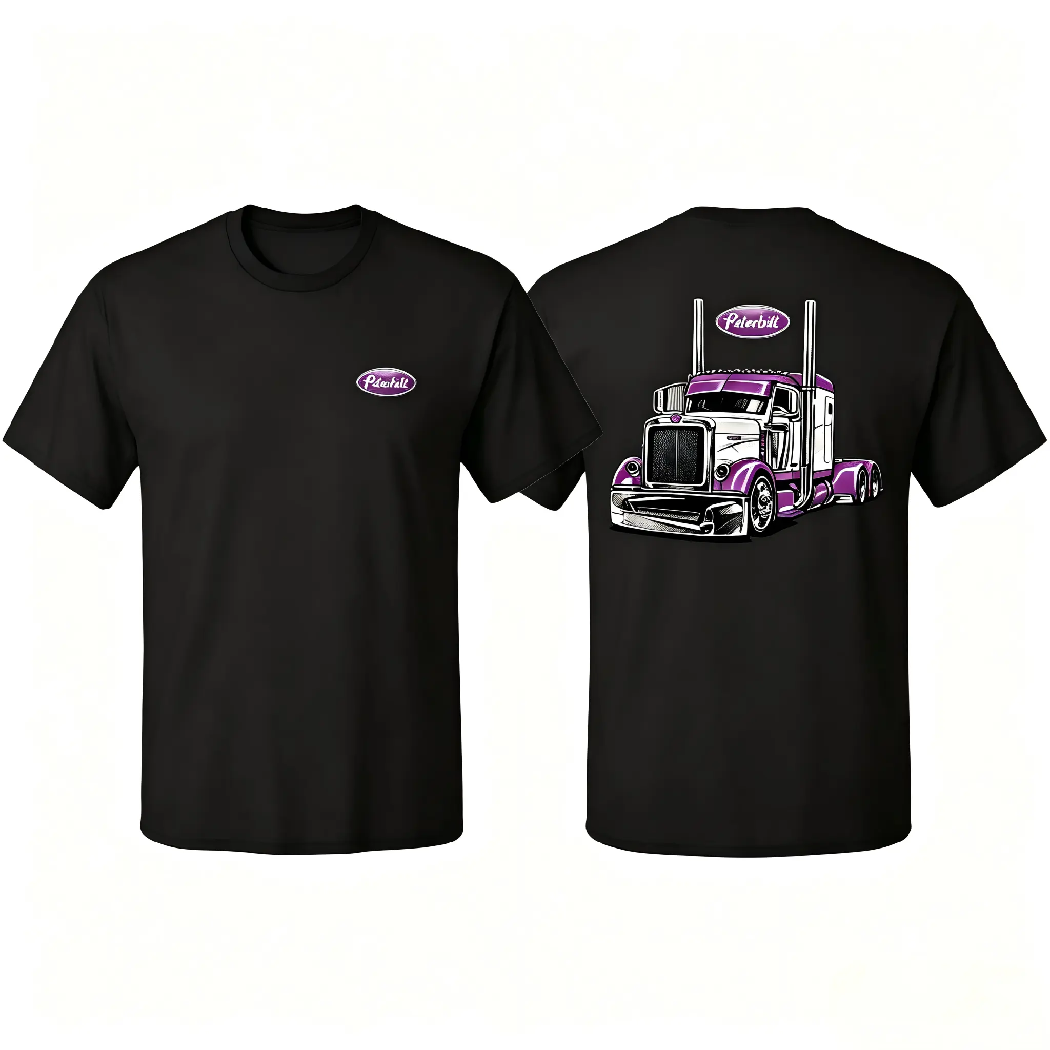 Vintage Purple Peterbilt Semi Truck Graphic T-Shirt For Men Classic Big Rig 18 Wheeler Trucker Lifestyle Short Sleeve Tee Retro American Diesel Truck Driver Casual Crew Neck Black Top Gift For Truck Enthusiasts Highway Lovers Road Trip Fans